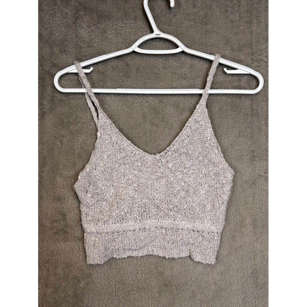 UNIO Grey Textured Knit Crop Cami Top V-Neck Spaghetti Strap Size S/M
